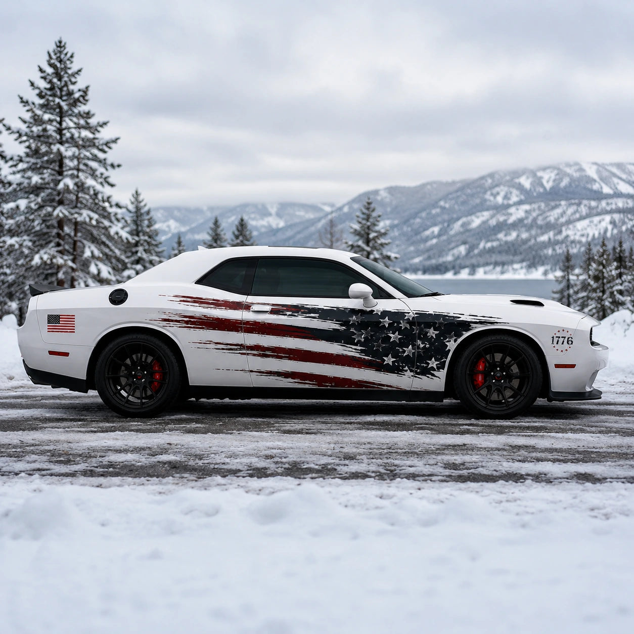 Dodge Challenger American flag wrap full side profile snowy alpine forest landscape