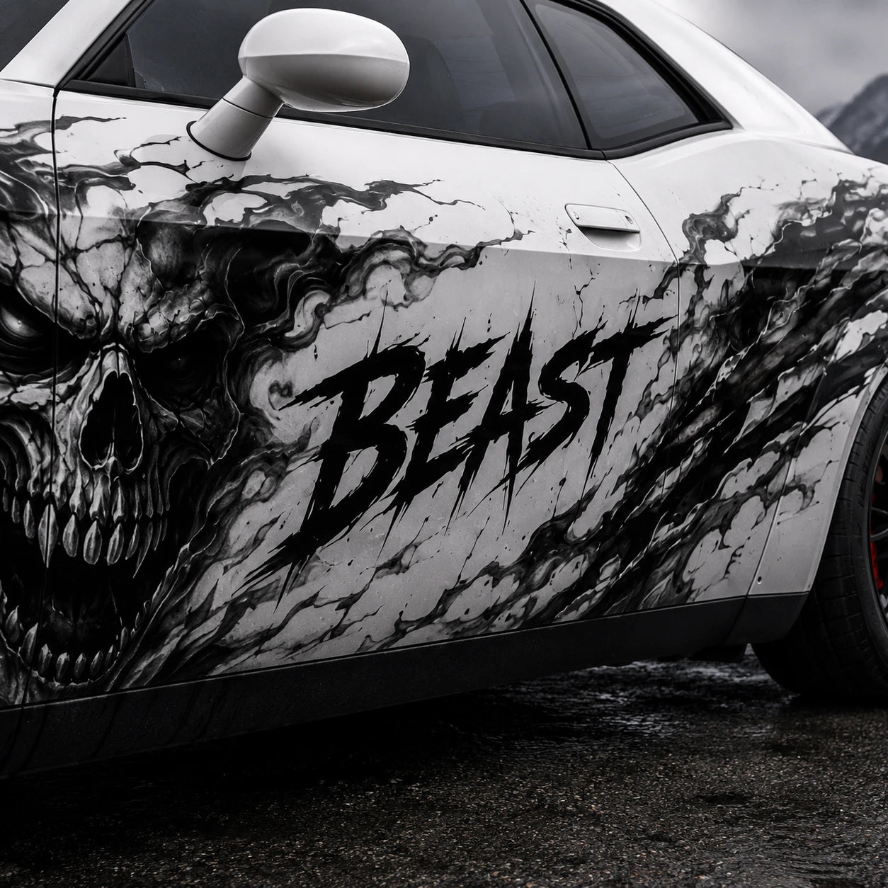 Dodge Challenger Beast skull decal kit close-up side door view black and white