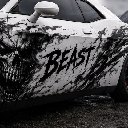 Dodge Challenger Beast skull decal kit close-up side door view black and white