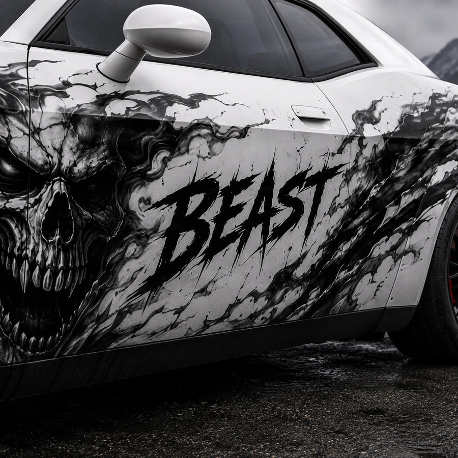 Dodge Challenger Beast skull decal kit close-up side door view black and white