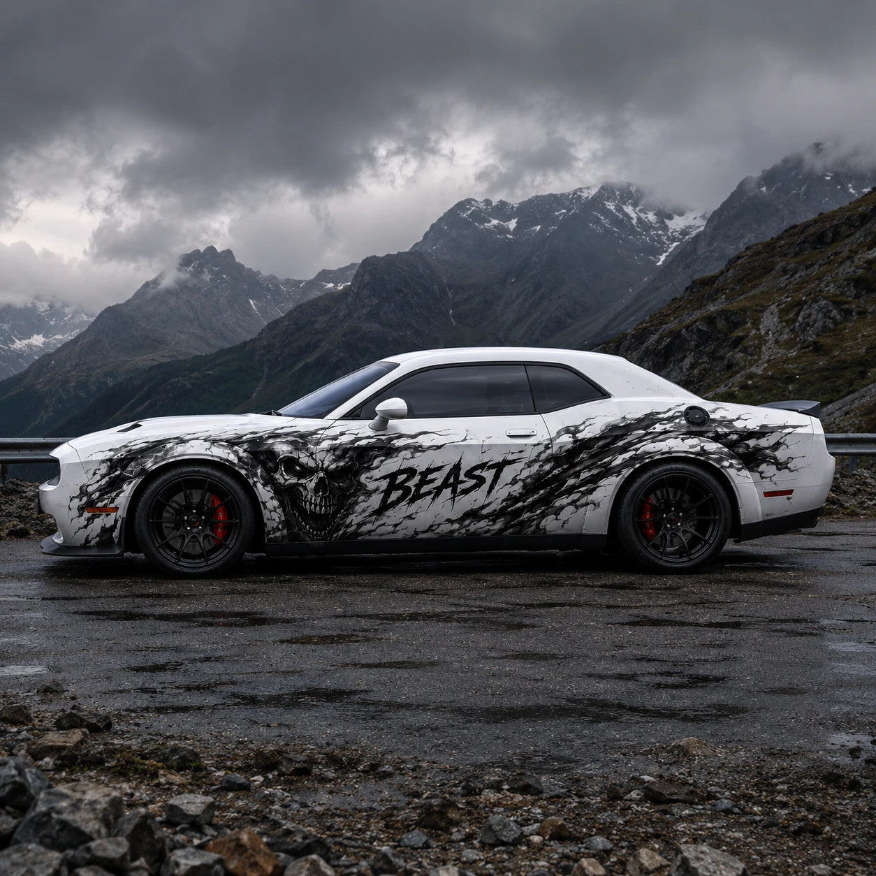 Dodge Challenger Beast skull side decal mountain road dramatic side profile