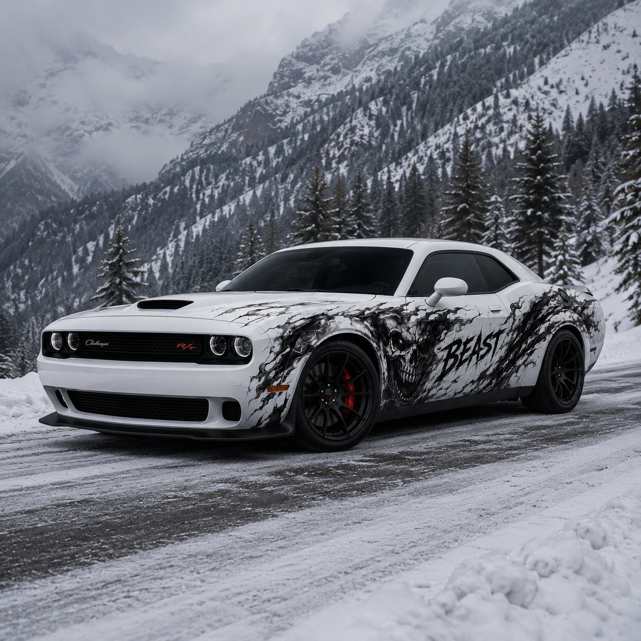 Dodge Challenger Beast skull decal front three-quarter view in winter snow