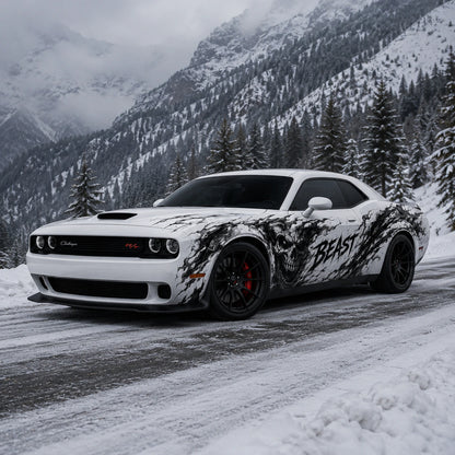 Dodge Challenger Beast skull decal front three-quarter view in winter snow