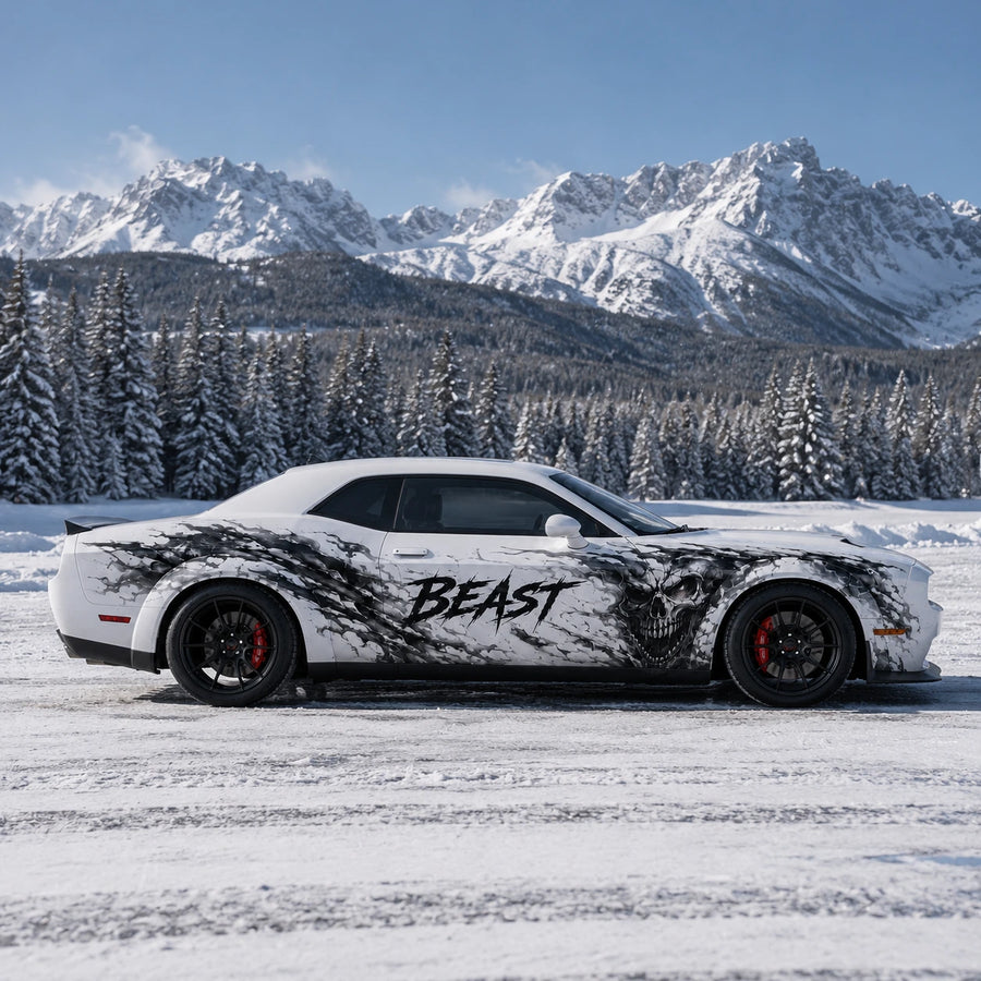 Dodge Challenger Beast skull wrap side profile snowy mountain landscape