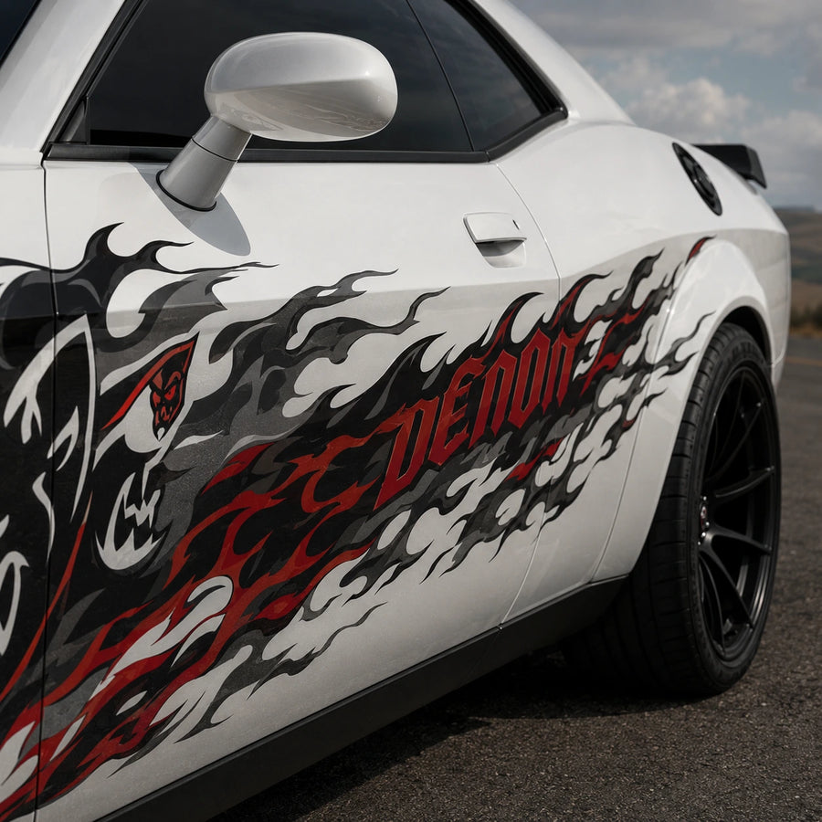 Dodge Challenger Demon flame decal close-up side door view black red white