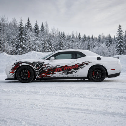 Dodge Challenger Demon flame decal kit full side view in snowy winter setting