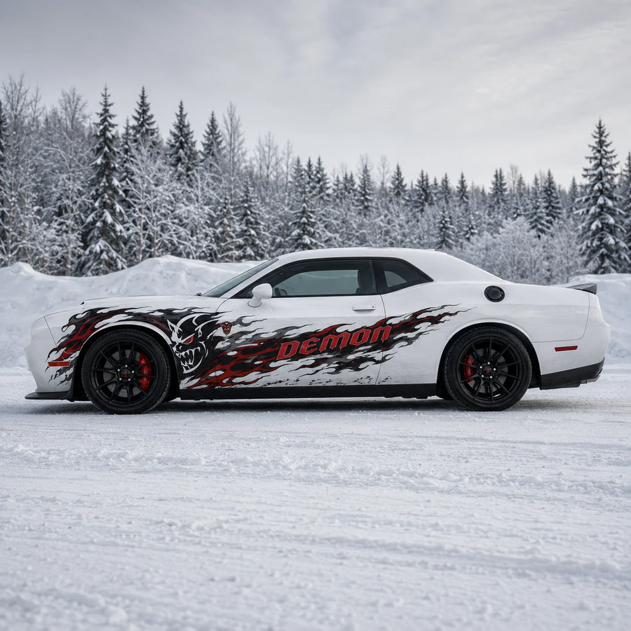 Dodge Challenger Demon flame decal kit full side view in snowy winter setting