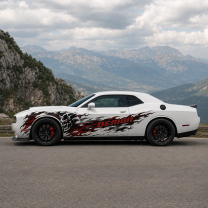 Dodge Challenger Demon flame side decal mountain road dramatic side profile