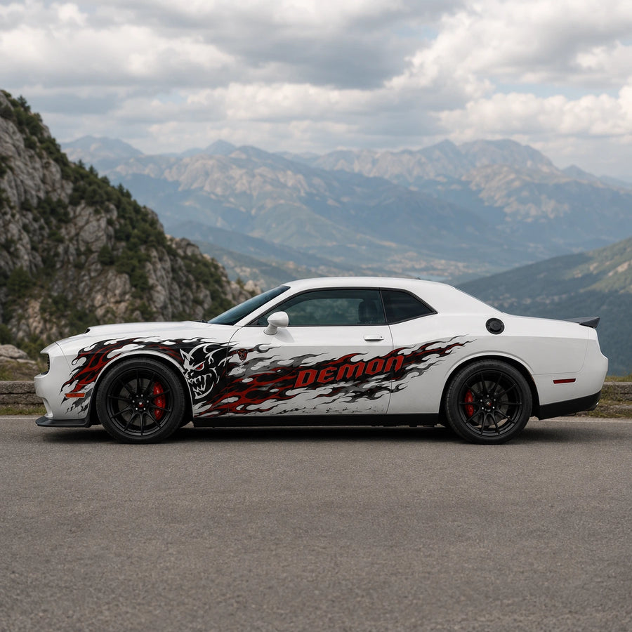 Dodge Challenger Demon flame side decal mountain road dramatic side profile