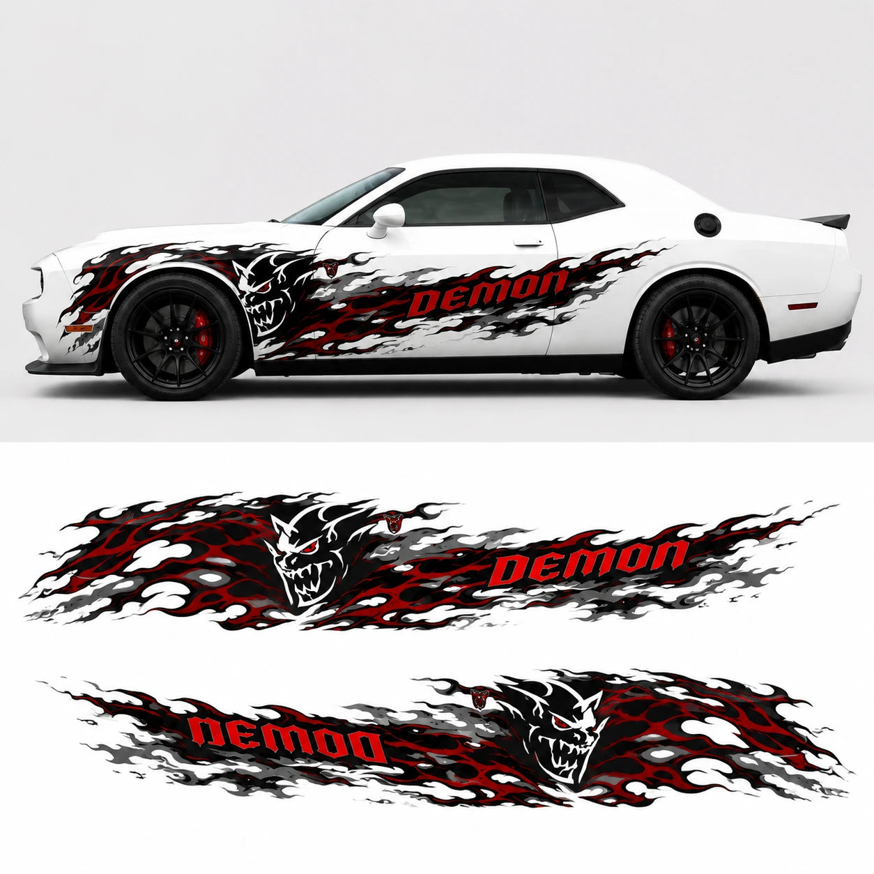 Dodge Challenger Demon flame decal kit side profile with decal sheet layout preview