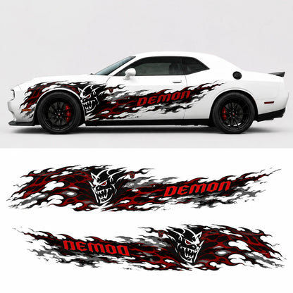 Dodge Challenger Demon flame decal kit side profile with decal sheet layout preview