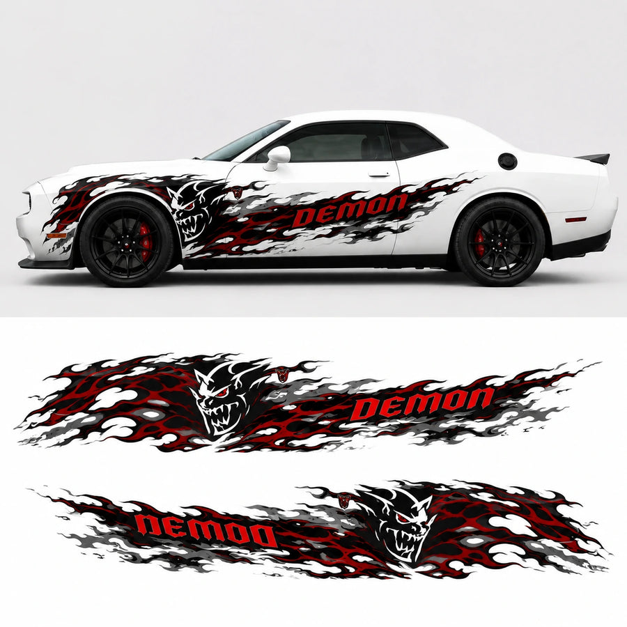 Dodge Challenger Demon flame decal kit side profile with decal sheet layout preview