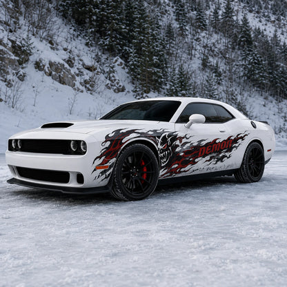 Dodge Challenger Demon flame decal front three-quarter view snowy forest background