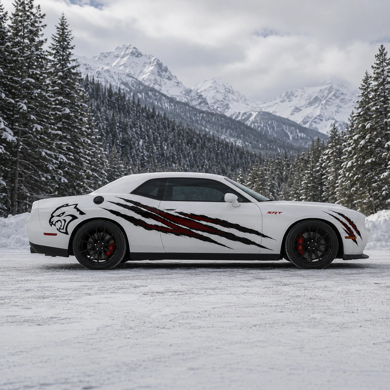 Dodge Challenger Hellcat claw scratch decal close-up on white car body