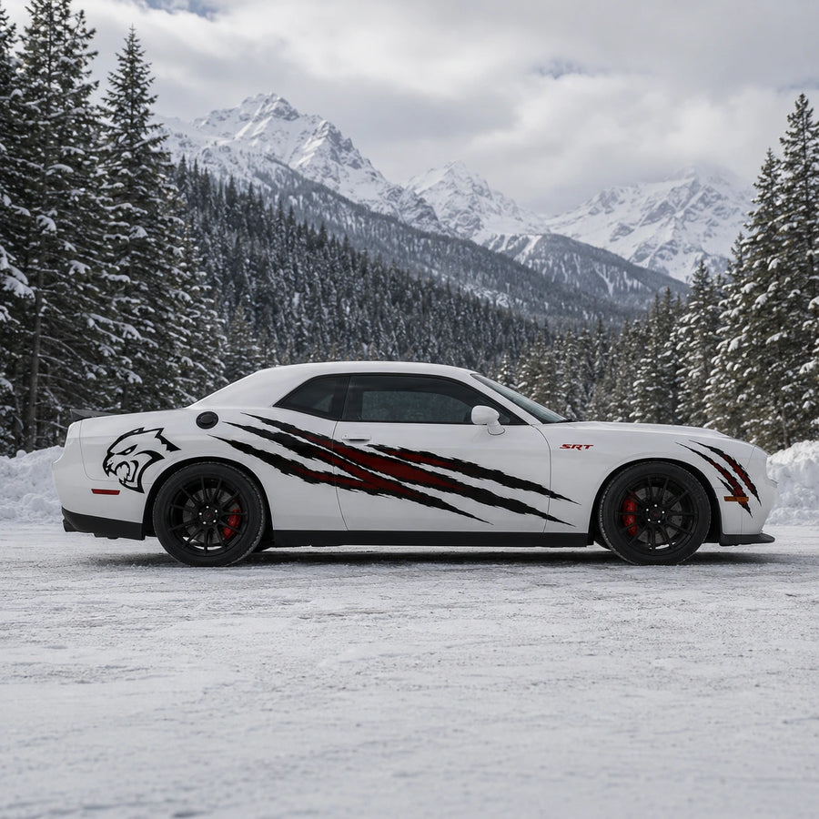 Dodge Challenger Hellcat claw scratch decal close-up on white car body