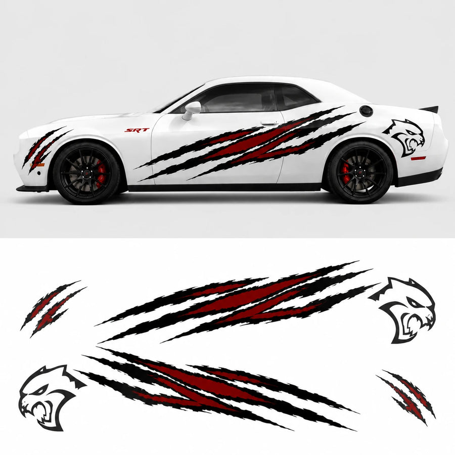 Dodge Challenger SRT Hellcat claw scratch decals side view in snowy mountain setting