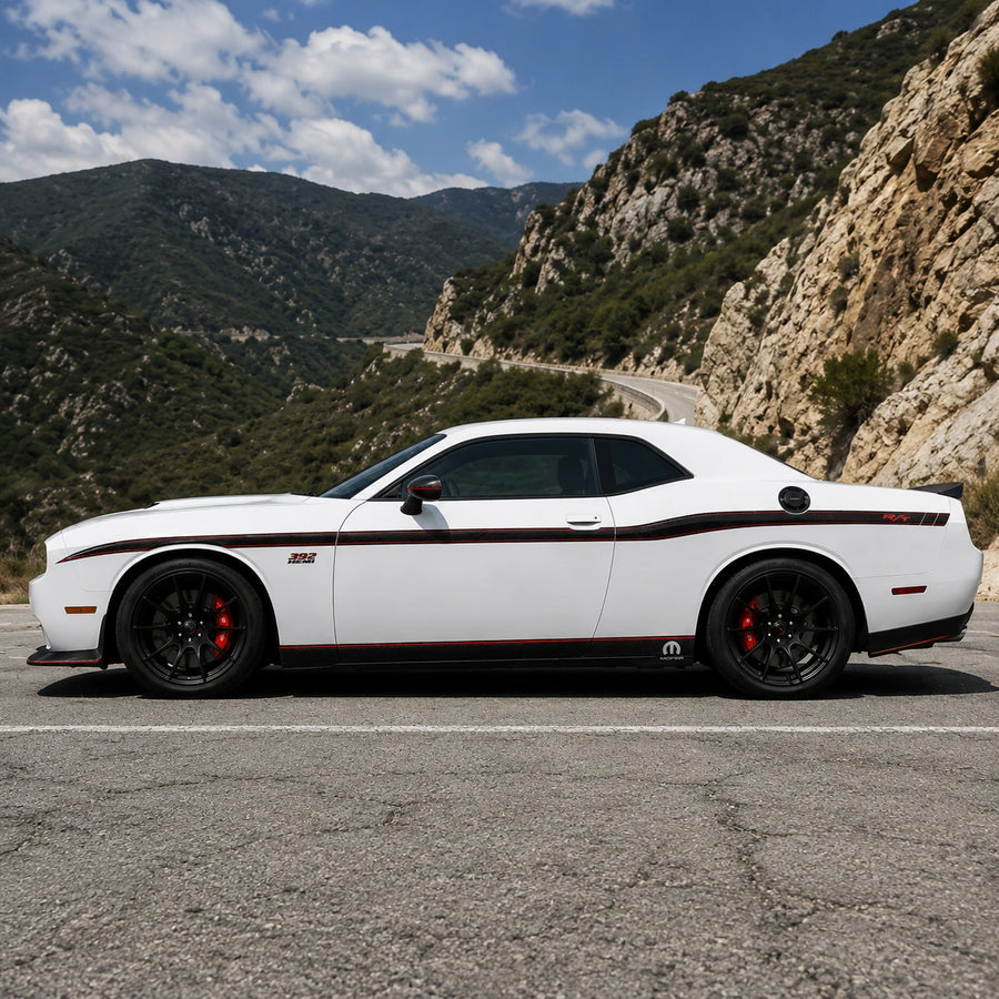 Dodge Challenger R/T 392 HEMI carbon fiber stripe decal mountain canyon road side profile sunny day