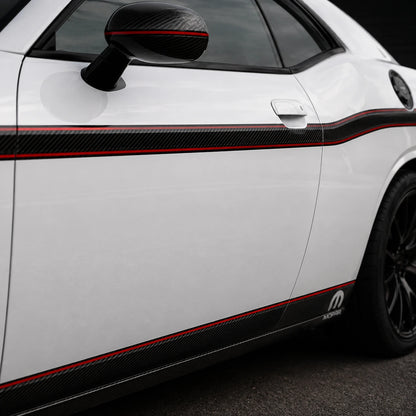 Dodge Challenger R/T 392 HEMI carbon fiber stripe close-up door panel red pinstripe MOPAR badge