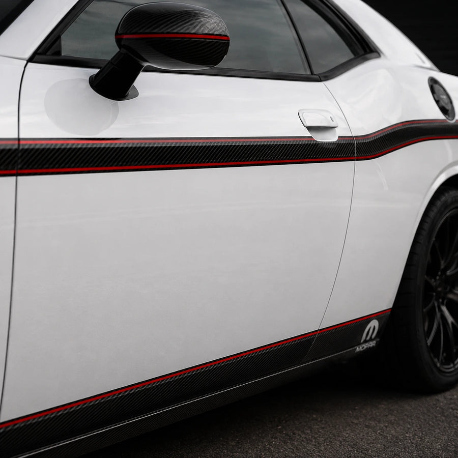 Dodge Challenger R/T 392 HEMI carbon fiber stripe close-up door panel red pinstripe MOPAR badge