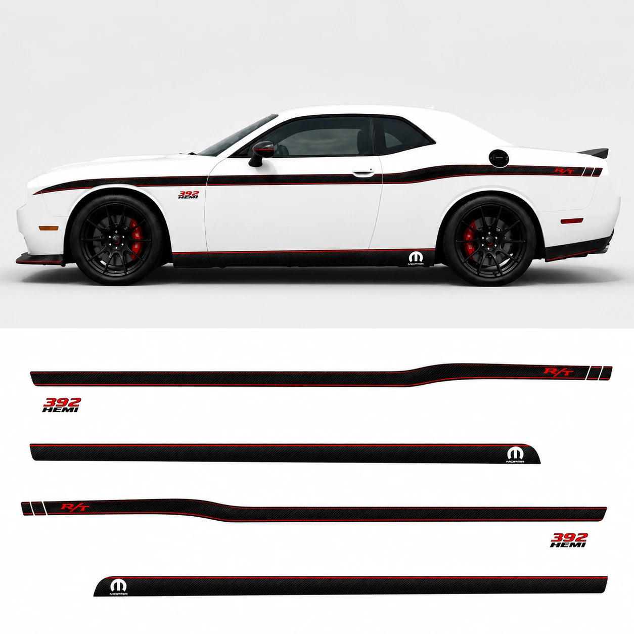 Dodge Challenger R/T 392 HEMI carbon fiber side stripe decal sheet layout full side view white background