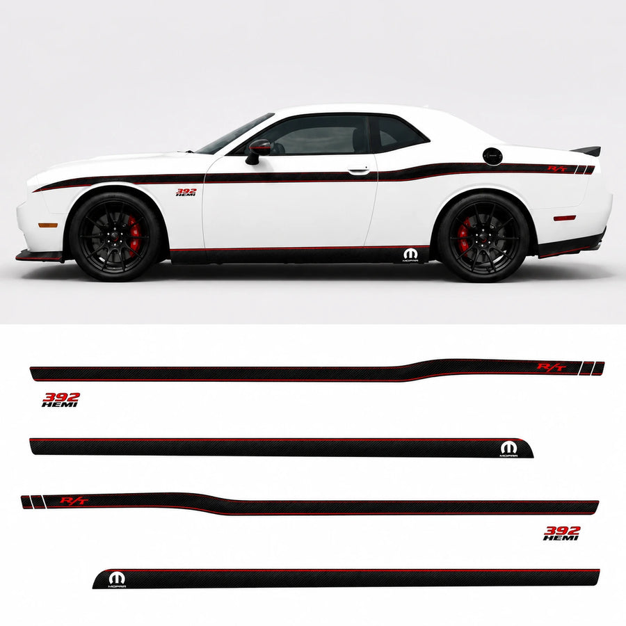 Dodge Challenger R/T 392 HEMI carbon fiber side stripe decal sheet layout full side view white background