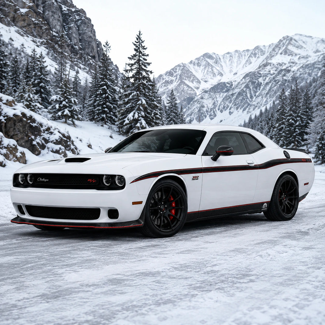 Dodge Challenger R/T 392 HEMI carbon fiber side stripe decal front three-quarter view snowy alpine winter