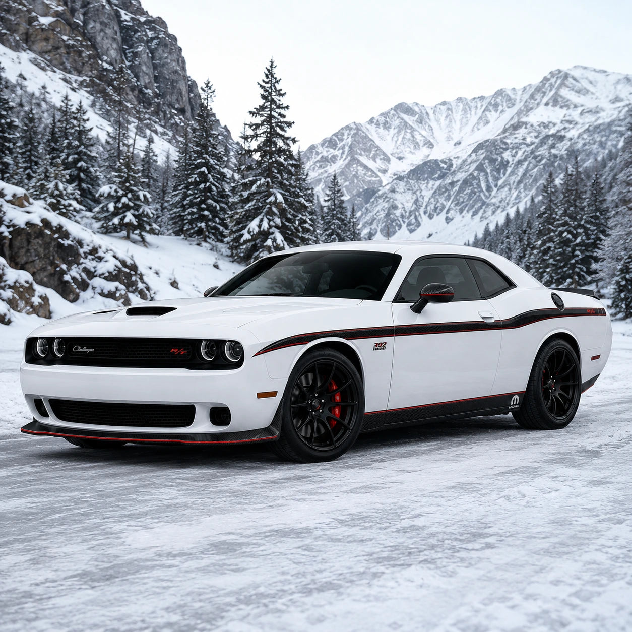 Dodge Challenger R/T 392 HEMI carbon fiber side stripe decal front three-quarter view snowy alpine winter