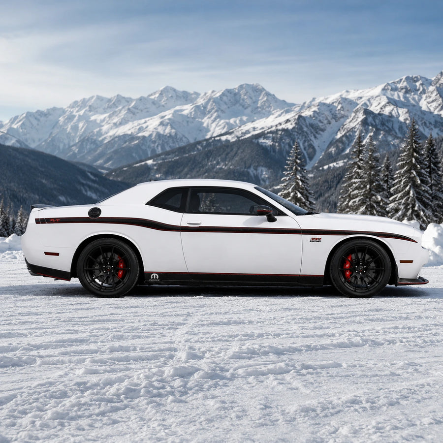 Dodge Challenger R/T 392 HEMI carbon fiber side stripe decal full side profile snowy mountain winter