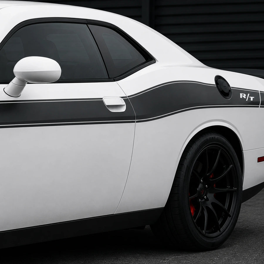 Dodge Challenger R/T classic black side stripe decal close-up rear door quarter panel R/T badge white pinstripe detail