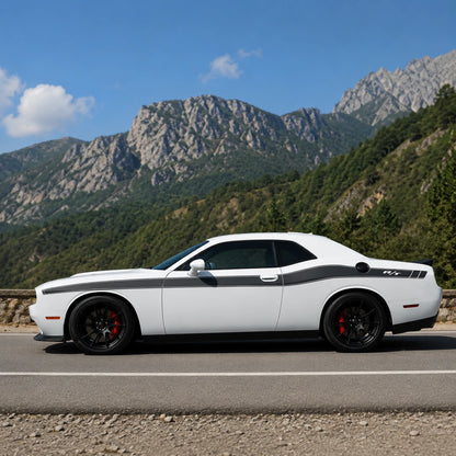 Dodge Challenger R/T classic black side stripe decal full side profile mountain road sunny day blue sky