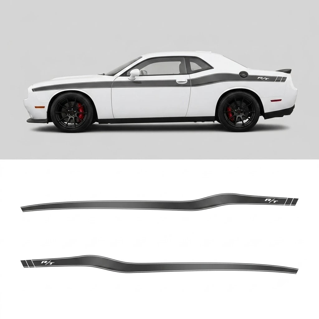Dodge Challenger R/T classic black side stripe decal full side profile on white background with decal sheet layout