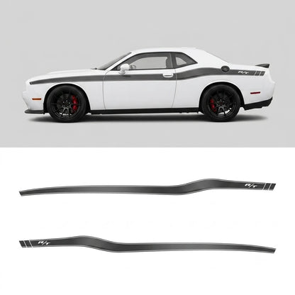 Dodge Challenger R/T classic black side stripe decal full side profile on white background with decal sheet layout