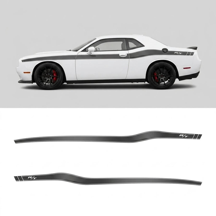 Dodge Challenger R/T classic black side stripe decal full side profile on white background with decal sheet layout