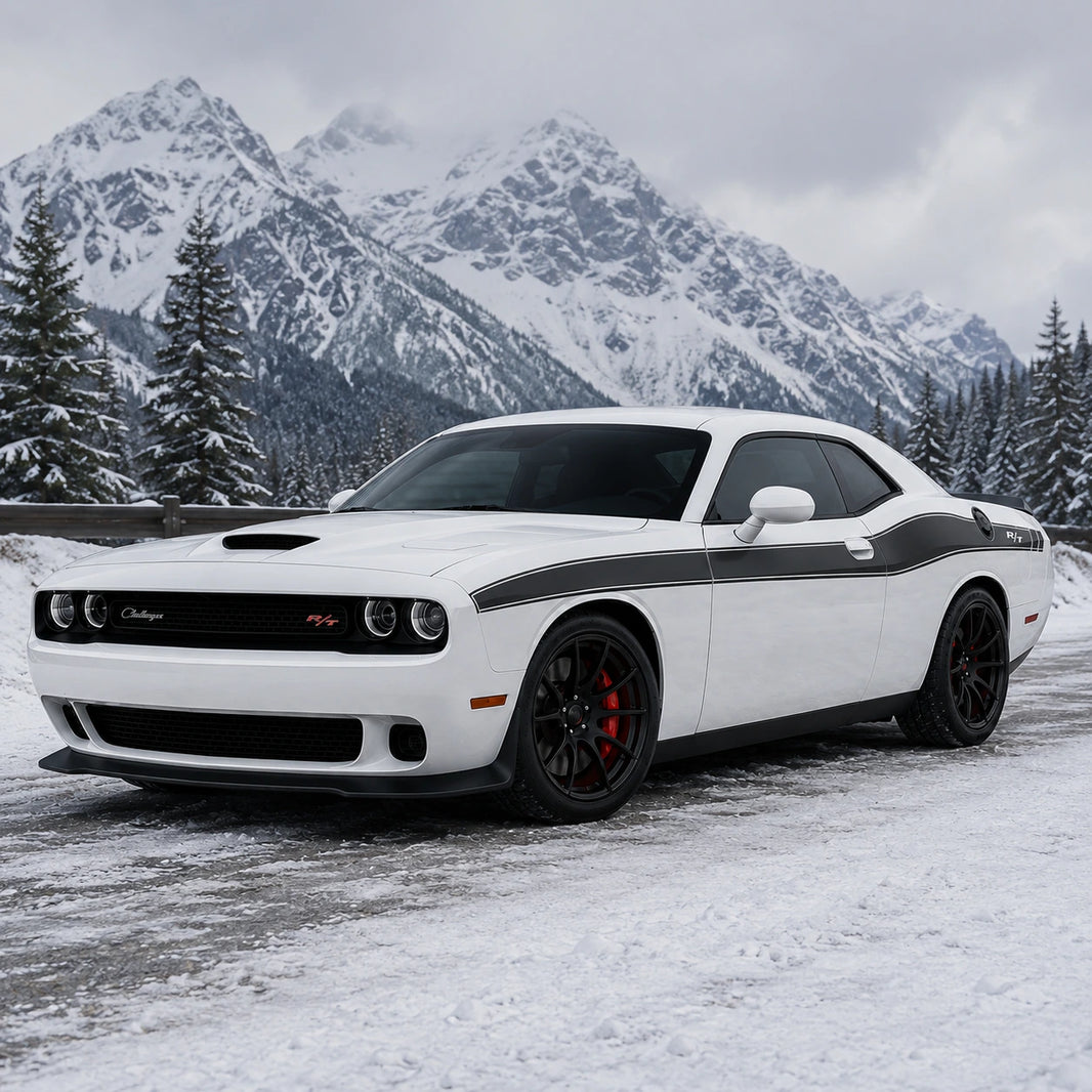 Dodge Challenger R/T classic black side stripe decal front three-quarter view snowy alpine mountain winter