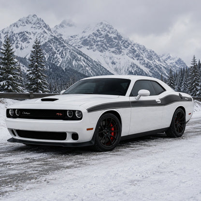 Dodge Challenger R/T classic black side stripe decal front three-quarter view snowy alpine mountain winter