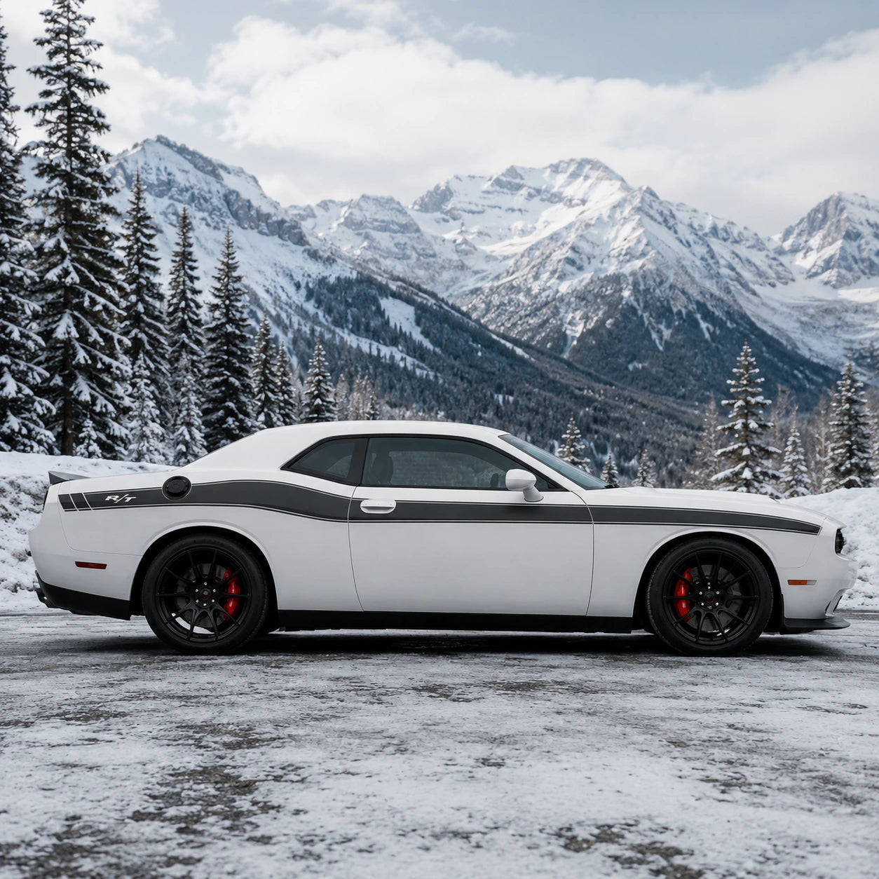 Dodge Challenger R/T classic black side stripe decal full side profile snowy mountain pine forest winter