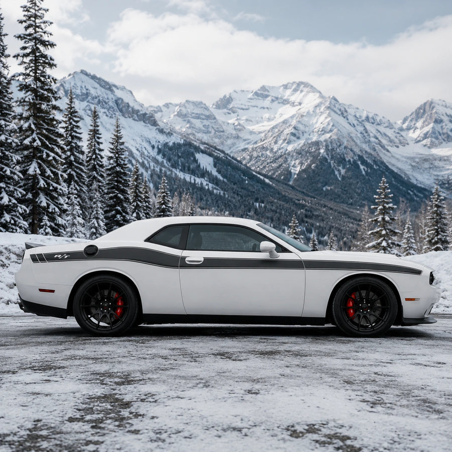 Dodge Challenger R/T classic black side stripe decal full side profile snowy mountain pine forest winter