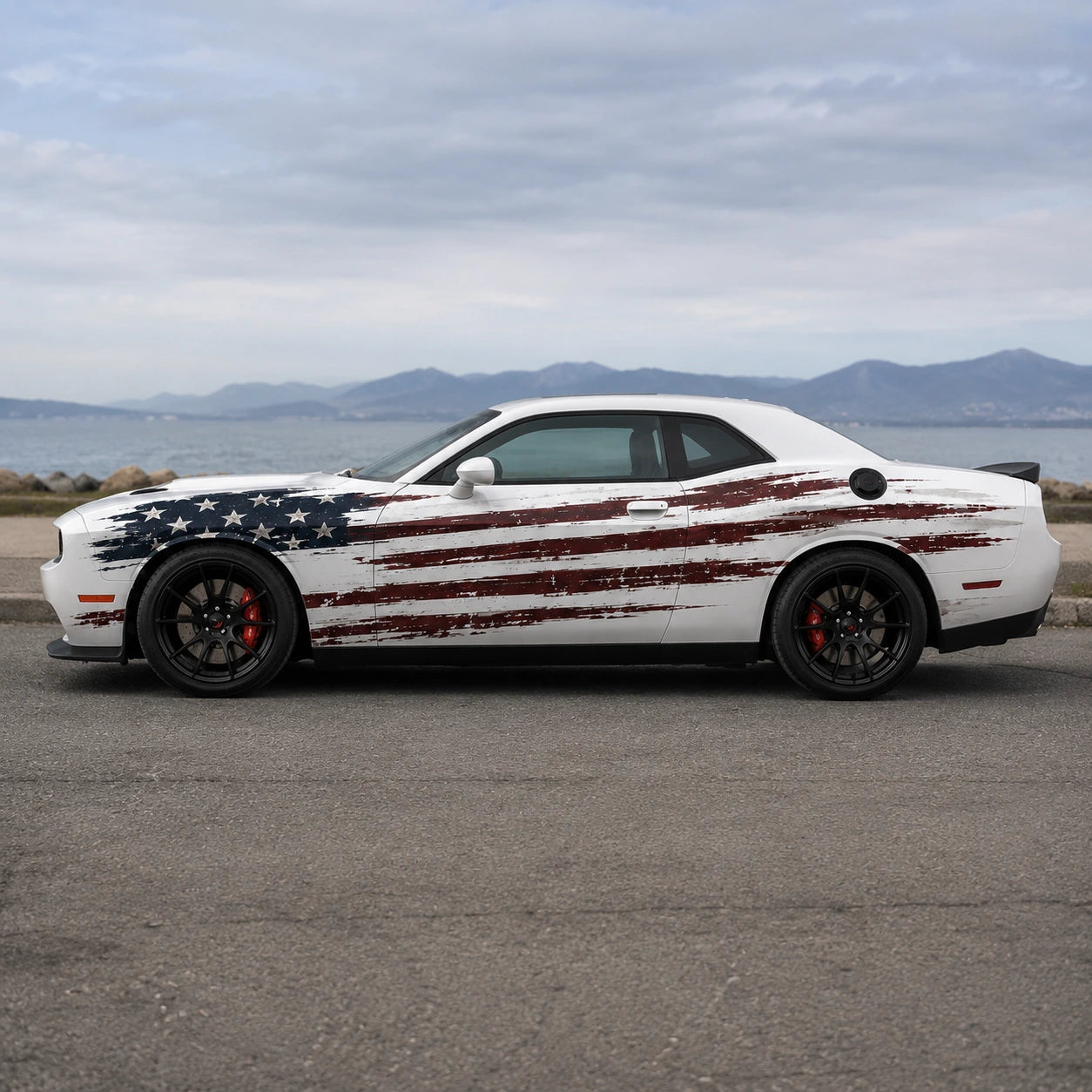 Dodge Challenger R/T distressed American flag full body decal full side profile lakeside coastal road overcast sky