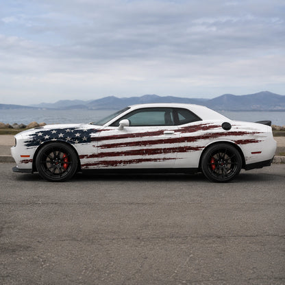 Dodge Challenger R/T distressed American flag full body decal full side profile lakeside coastal road overcast sky