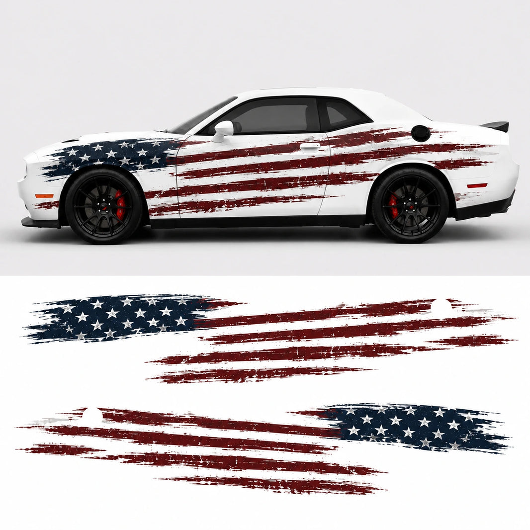 Dodge Challenger R/T distressed American flag full body decal side view and decal sheet layout on white background