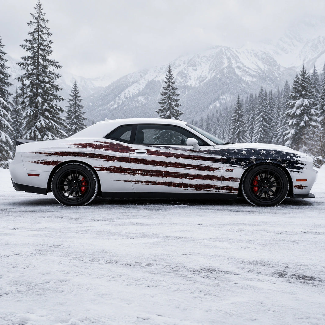 Dodge Challenger R/T distressed American flag full body decal full side profile snowy alpine mountain winter