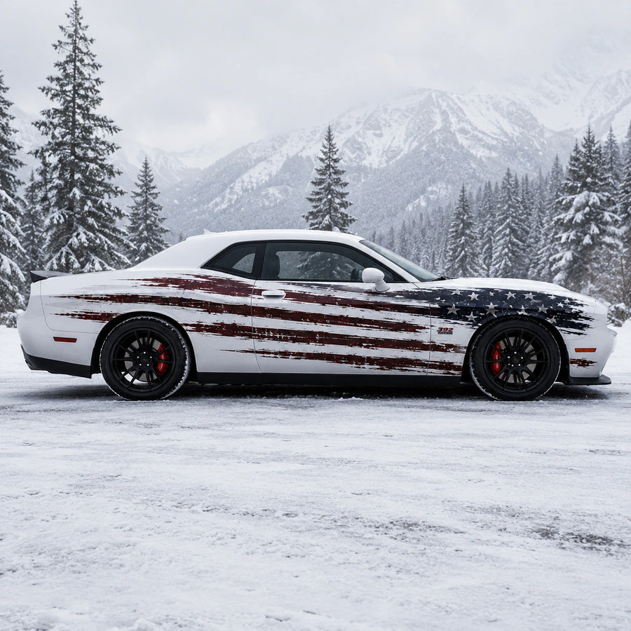 Dodge Challenger R/T distressed American flag full body decal full side profile snowy alpine mountain winter