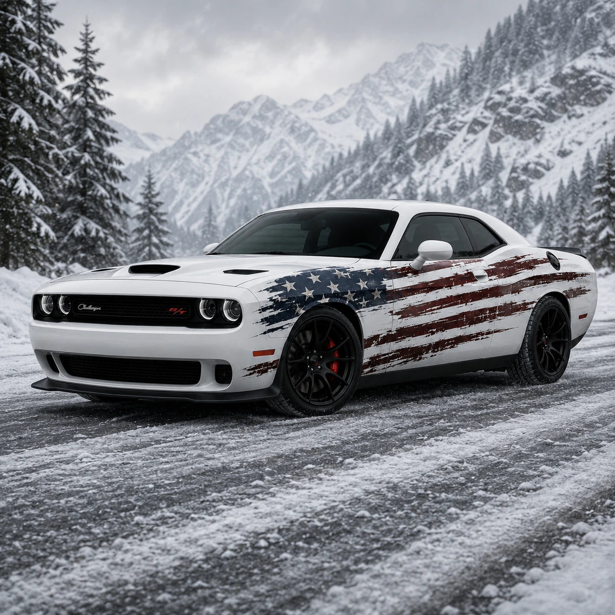 Dodge Challenger R/T distressed American flag full body decal front three-quarter view snowy mountain pine forest winter