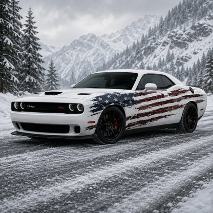 Dodge Challenger R/T distressed American flag full body decal front three-quarter view snowy mountain pine forest winter