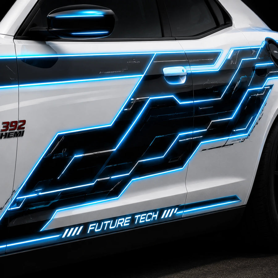 Dodge Challenger R/T Future Tech neon blue electric circuit decal close-up door panel detail view