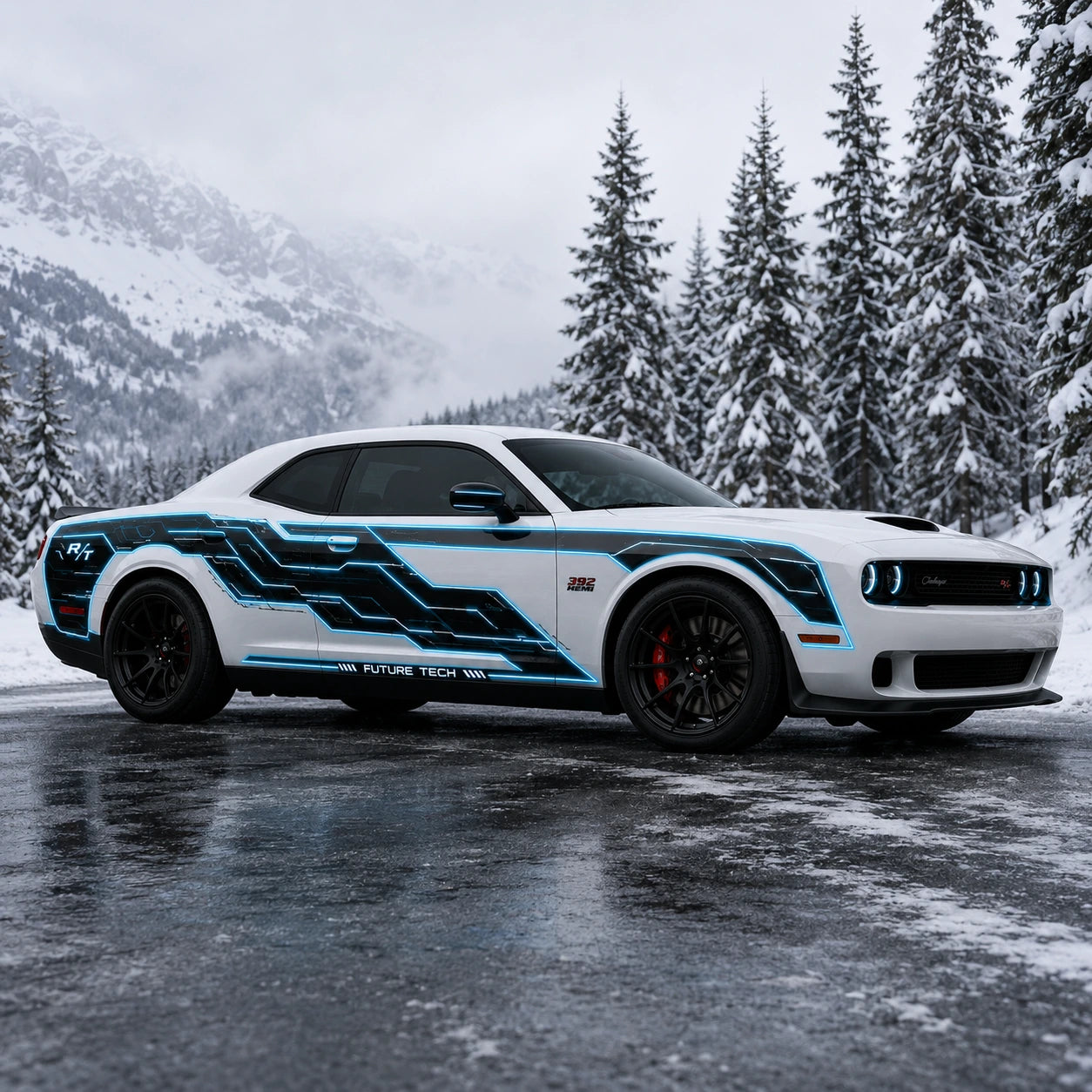 Dodge Challenger R/T Future Tech neon blue circuit decal full side view snowy pine forest winter background