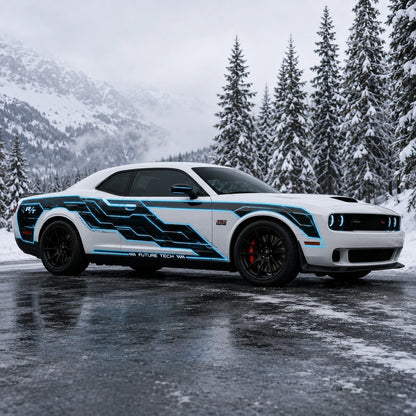 Dodge Challenger R/T Future Tech neon blue circuit decal full side view snowy pine forest winter background