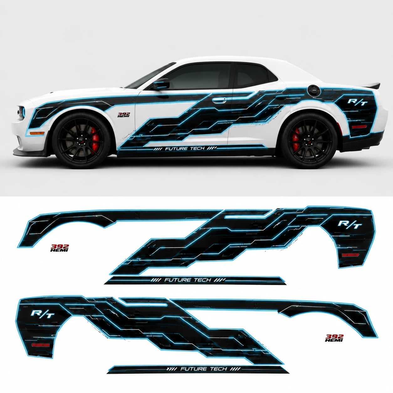 Dodge Challenger R/T Future Tech neon circuit decal kit both sides flat layout on white background