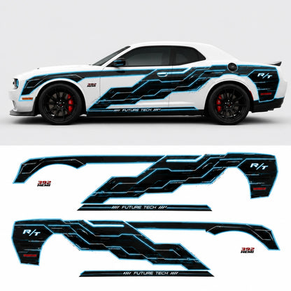 Dodge Challenger R/T Future Tech neon circuit decal kit both sides flat layout on white background