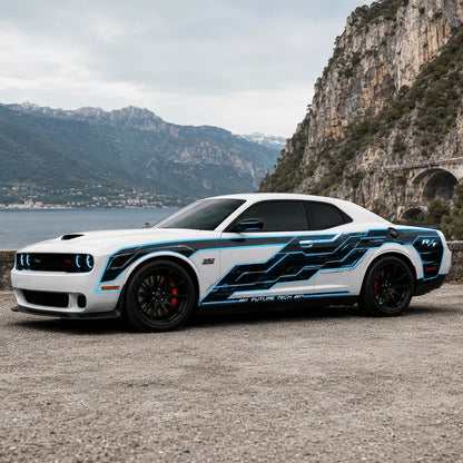 Dodge Challenger R/T Future Tech neon circuit decal lakeside cliff road front three-quarter angle view